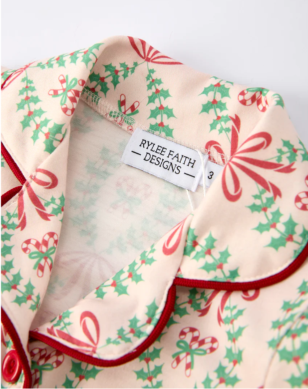 Christmas Long Sleeve Pajama Set with Red Cuffs and Festive Pattern