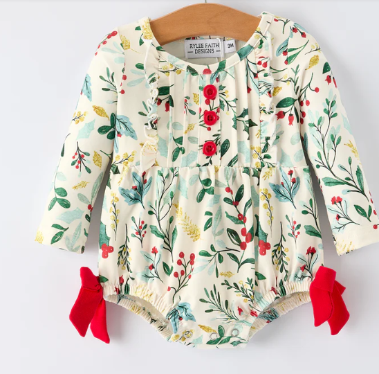 Baby Girls Christmas Romper – Holiday Bow Long Sleeve Outfit