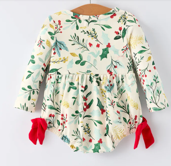 Baby Girls Christmas Romper – Holiday Bow Long Sleeve Outfit