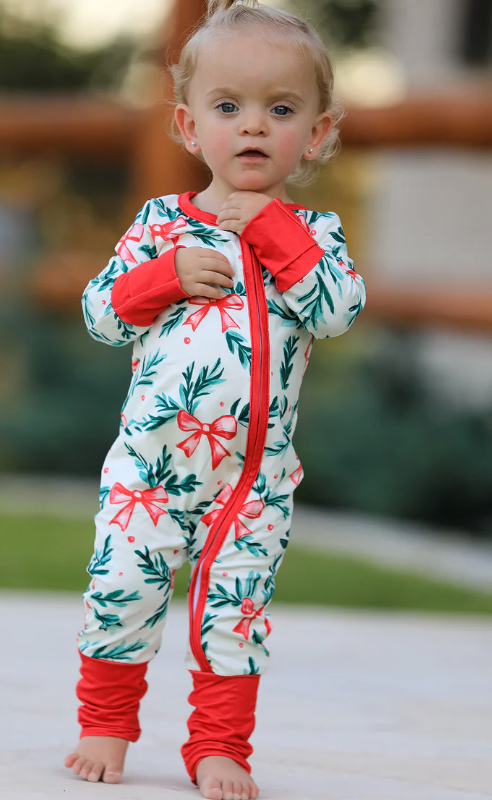 Christmas Bow and Holly Print Pajama Girls Romper