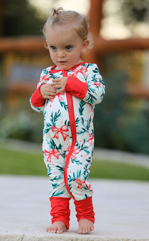 Christmas Bow and Holly Print Pajama Girls Romper