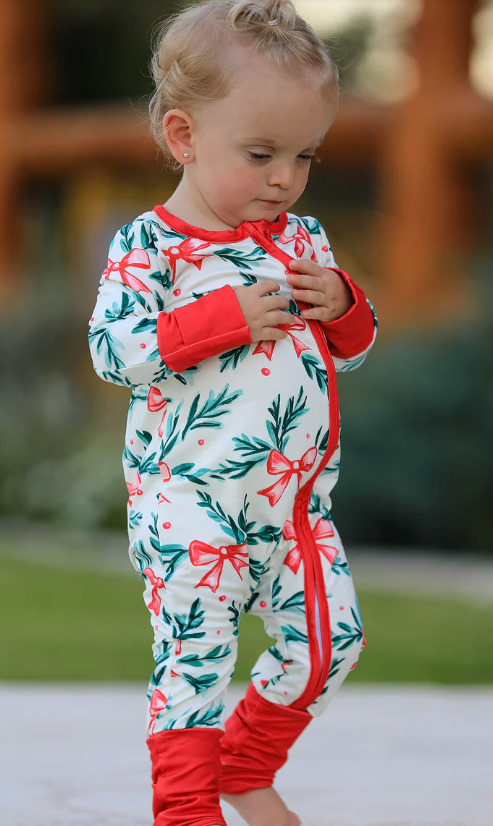 Christmas Bow and Holly Print Pajama Girls Romper