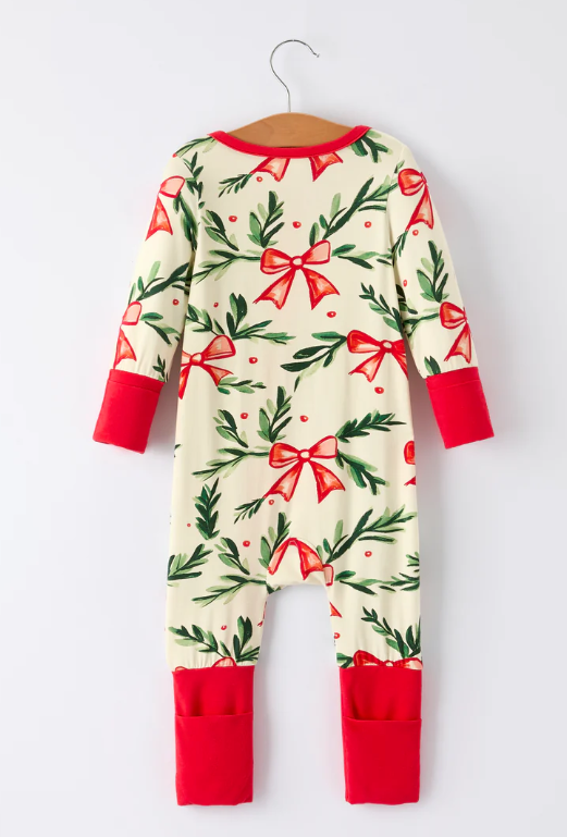 Christmas Bow and Holly Print Pajama Girls Romper