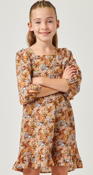 Girls Square Neck 3/4 Sleeve Printed Dress