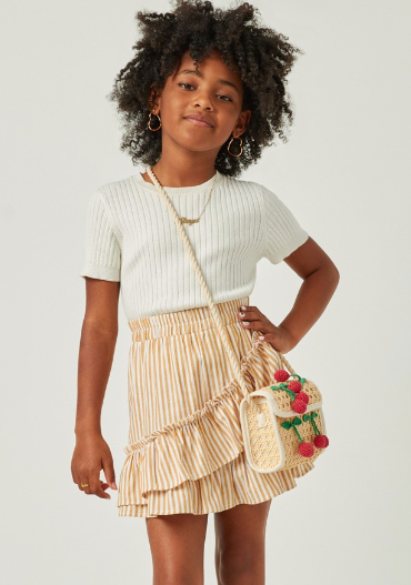 Girls Striped Asymmetric Ruffle Skirt in Mustard