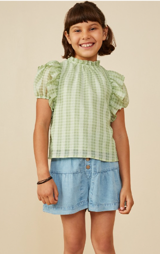 Girls Ruffle Shoulder Puffed Checker Textured Top