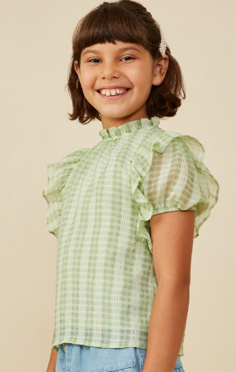 Girls Ruffle Shoulder Puffed Checker Textured Top