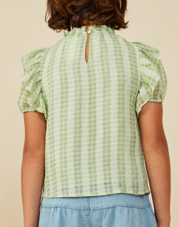 Girls Ruffle Shoulder Puffed Checker Textured Top