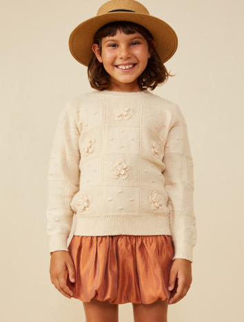 Girls Hand Knit Floral Patch Sweater in Ivory