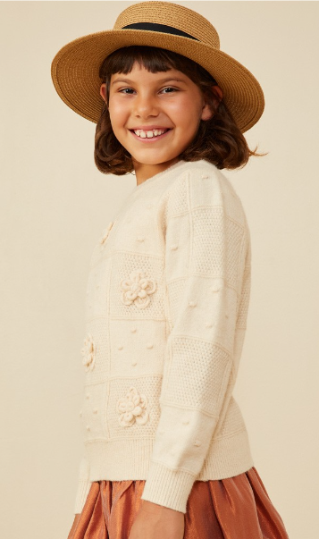 Girls Hand Knit Floral Patch Sweater in Ivory