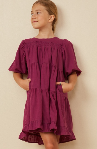 Girls Smocking Detailed Puff Sleeve Tiered Dress in Berry
