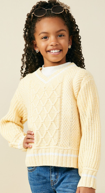 Girls Mixed Cable Knit V Neck Varsity Sweater Top in Yellow