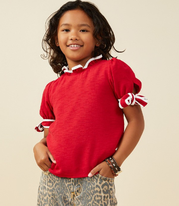 Girls Contrast Piped Tie Sleeve Detail Top in Red