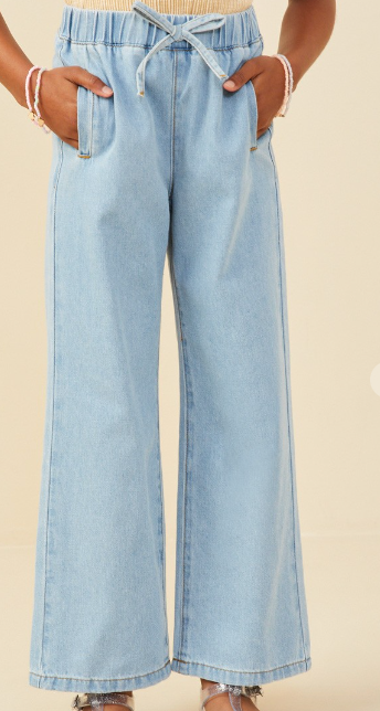 Girls Wide Leg Drawstring Waist Denim Pants
