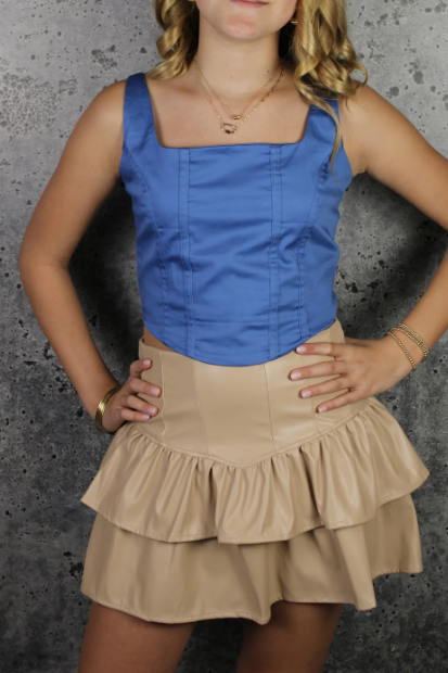 Faux Leather Ruffle Skort in Beige