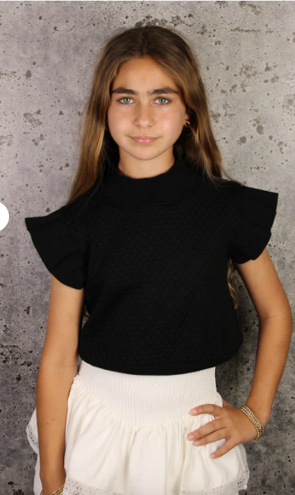 Black Knit Ruffle Sleeves Top
