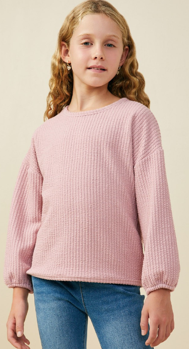 Girls Brushed Ribbed Puff Sleeve Knit Top