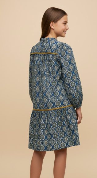 Girls Block Print Contrast Trim Long Sleeve Dress