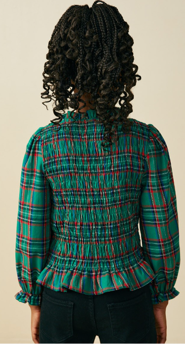 Girls Plaid Ruffle Neck Smocked Body Top in green