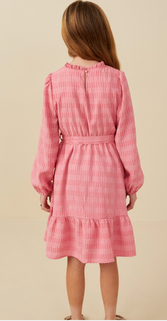 Girls Textured Long Sleeve Belted Knit Dress
