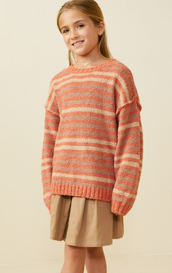 Girls Ultra Soft Multicolor Stripe Pullover in rust