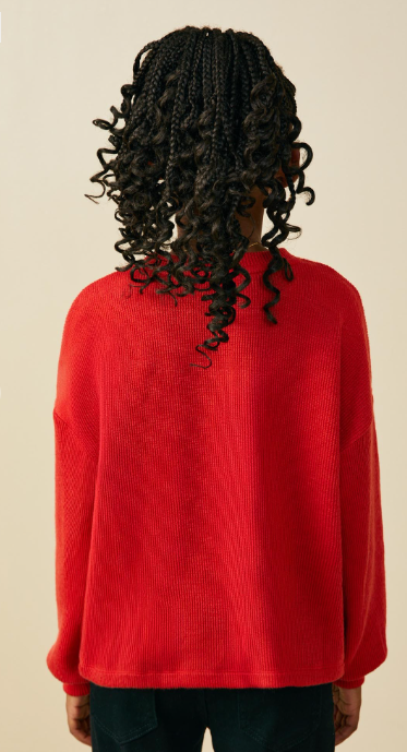 Girls Beaded Lace Bow Trim Ribbed Knit Top