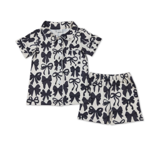 Short Sleeves Black Bow Girls Button Down Pajamas
