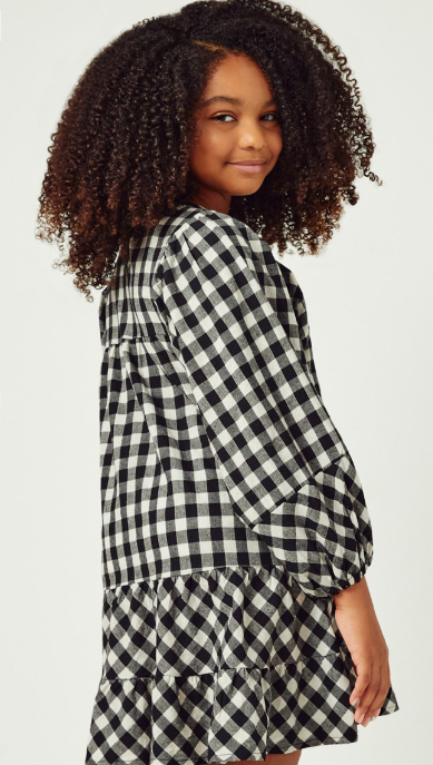 Girls Puff Sleeve Tie Neck Gingham Dress in Black