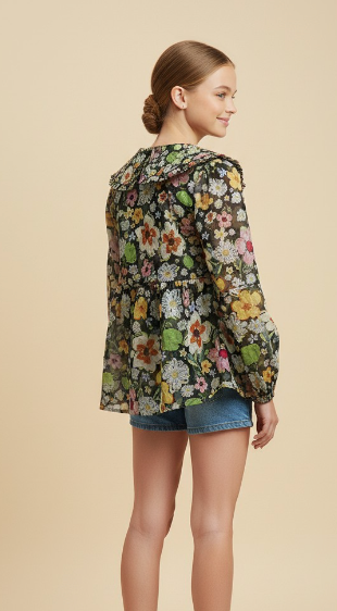 Girls Floral Print Ruffle Collar Poplin Top