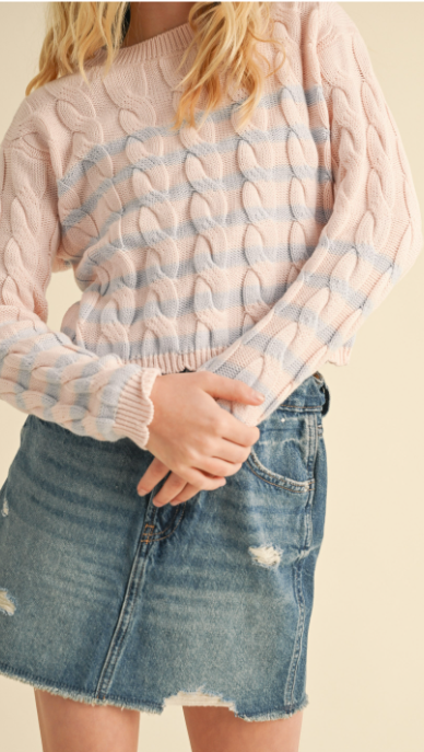 Cable Knit Striped Boxy Cropped Pullover