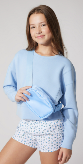 Girls Pullover, Woven Short, Fanny Bag Set in blue floral