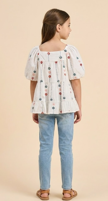 Girls Floral Embroidered Puff Sleeve Tiered Top