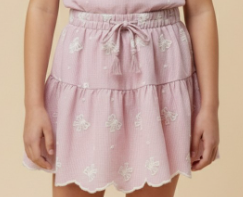 Girls Bow Embroidered Scallop Lace Hem Skirt in Pink