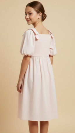 Girls Raised Pleat Detail Bow Detail Puff Sleeve Dress in Blush