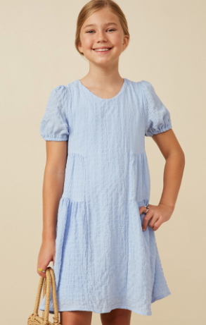 Girls Textured Side Panel Detail Puff Sleeve Dress