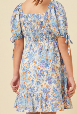 Girls Floral Cinch Waist Smocked Back Dress in Blue