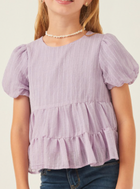 Girls Textured Stripe Puff Sleeve Tiered Top in Lavendeer