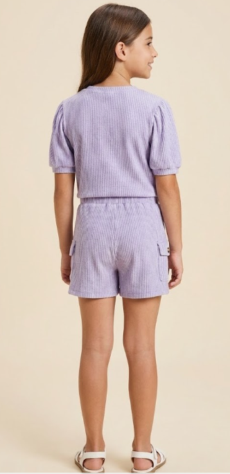Girls Washed Look Ribbed Knit Puff Sleeve T Shirt in Lavender