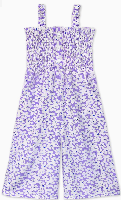 Tween Girl's Floral Romper W/smocking Top & Side Pocket