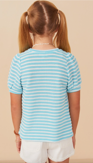 Girls Textured Stripe Puff Sleeve Knit Top in Blue