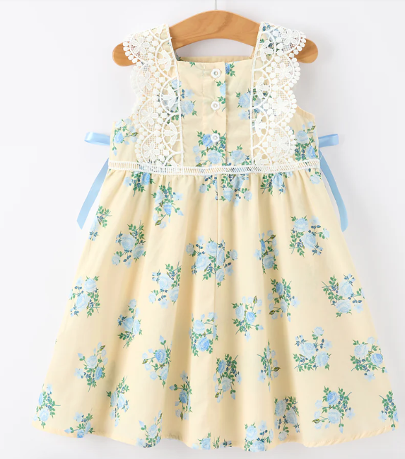 Lace-trimmed Bow Girls' Dress in Blue