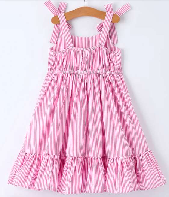 Pink Summer Stripe Bow Ruffle Girl Dress