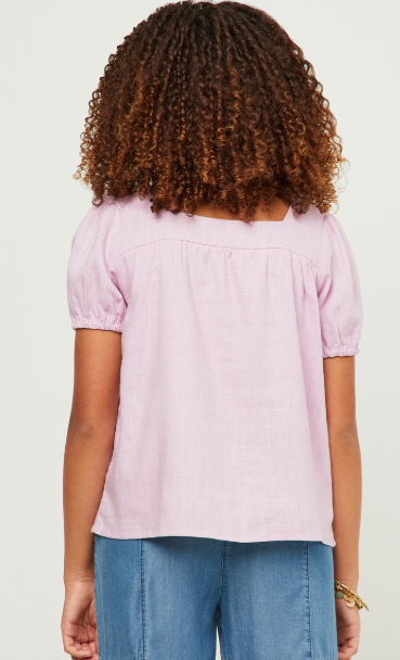 Girls Linen Look Square Neck Puff Sleeve Top in Lavender