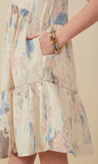 Girls Watercolor V Neck Tiered Ruffled Dress