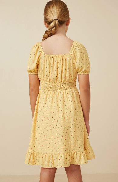 Girls Ditsy Print Button Detail Square Neck Puff Sleeve Dress