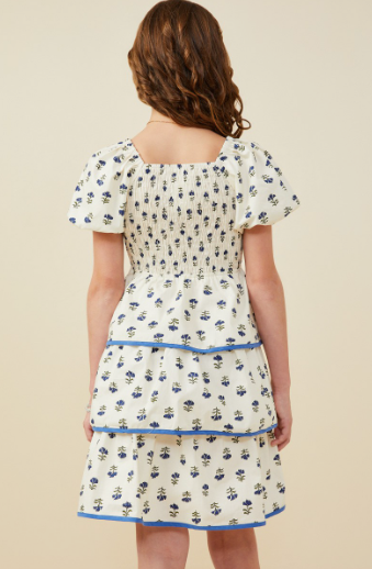 Girls Floral Tiered Smocked Contrast Bow Dress