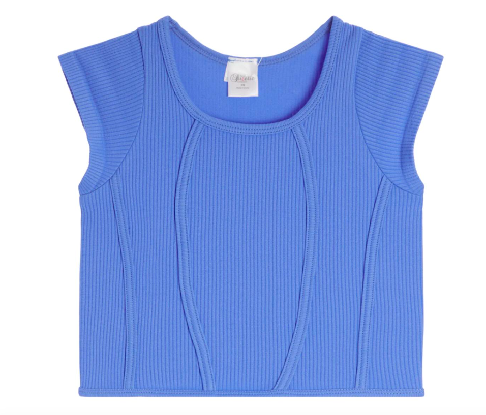 Seamless Ribbed Cap Sleeve Top in Blue