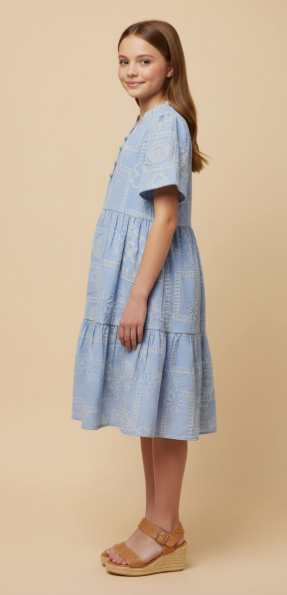 Girls Crochet Quilted Button Detail Dress