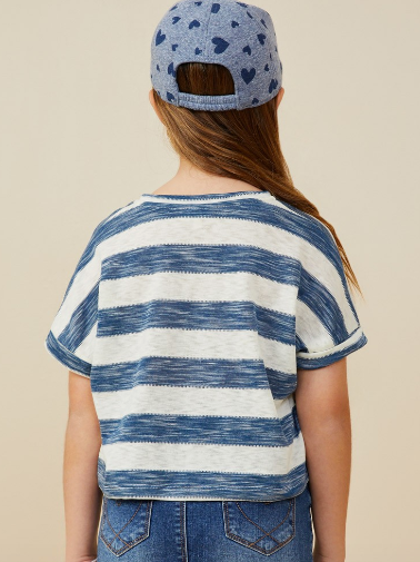 Girls Heathered Stripe V Neck Knit Top in Denim