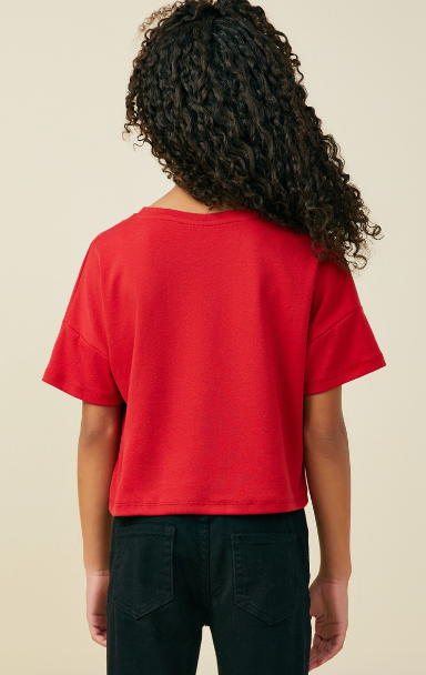 Girls Ruffle Pocket Knit T Shirt in Red